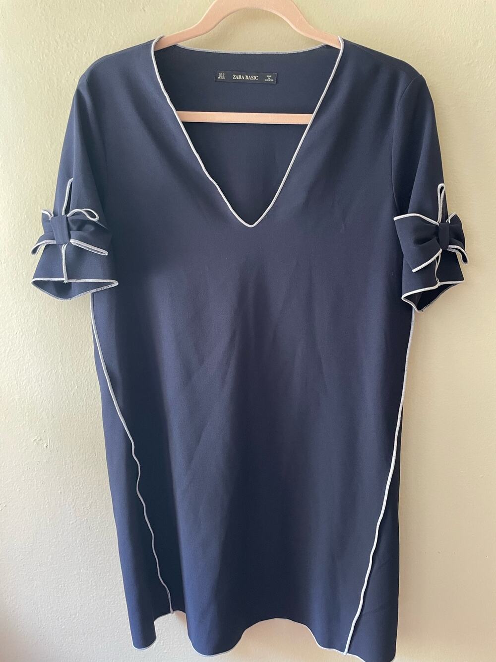 Zara Basic Navy Short Sleeve Mini Dress with Bow Accents Size S